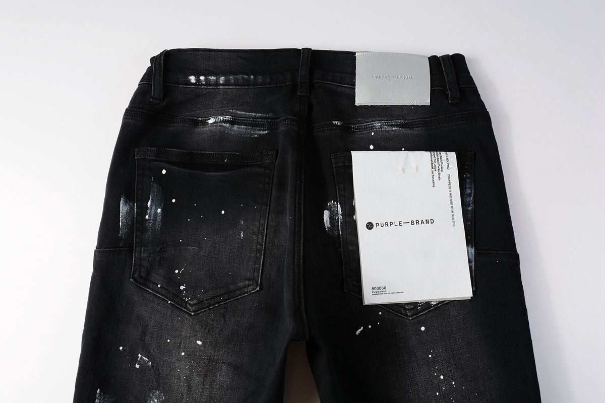 Men Streetwear Skinny Jeans Black Fade Wash with White Paint Splatter and Distressed Rips 9002