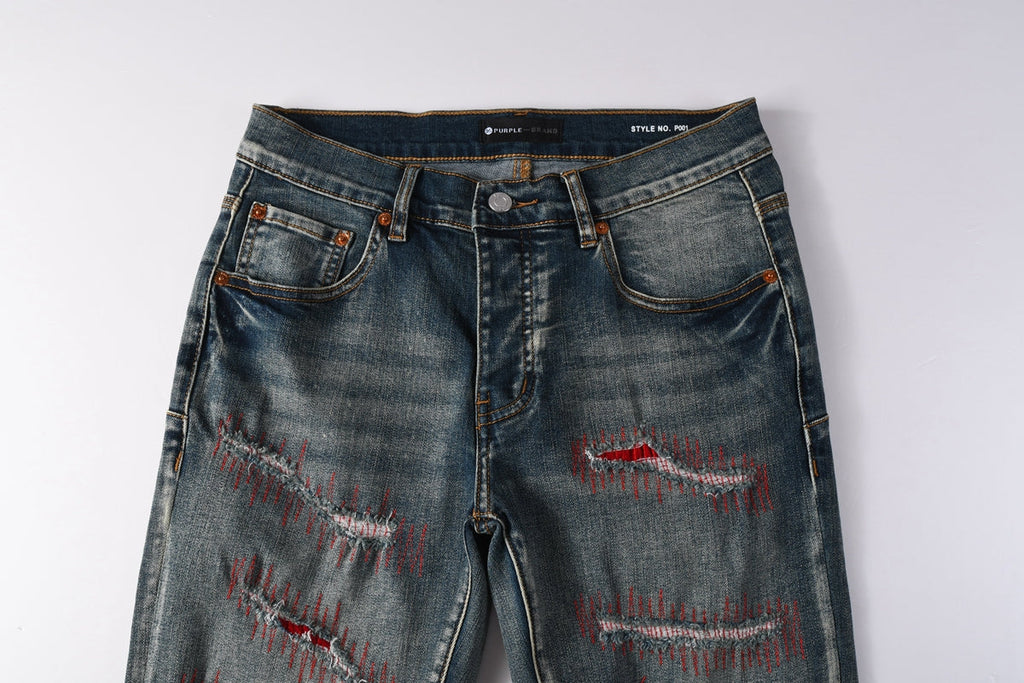 Men Streetwear Skinny Jeans Light Blue Wash with Red - Patched Distressed Details 9114