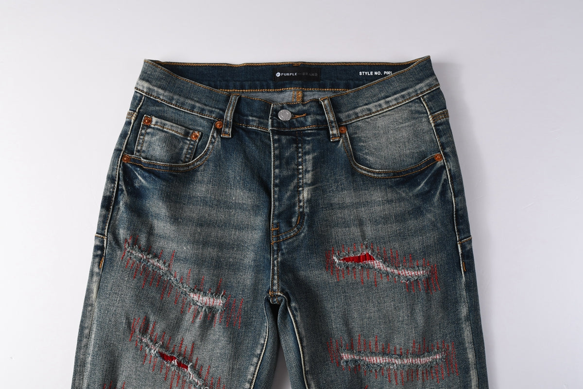 Men Streetwear Skinny Jeans Light Blue Wash with Red - Patched Distressed Details 9114