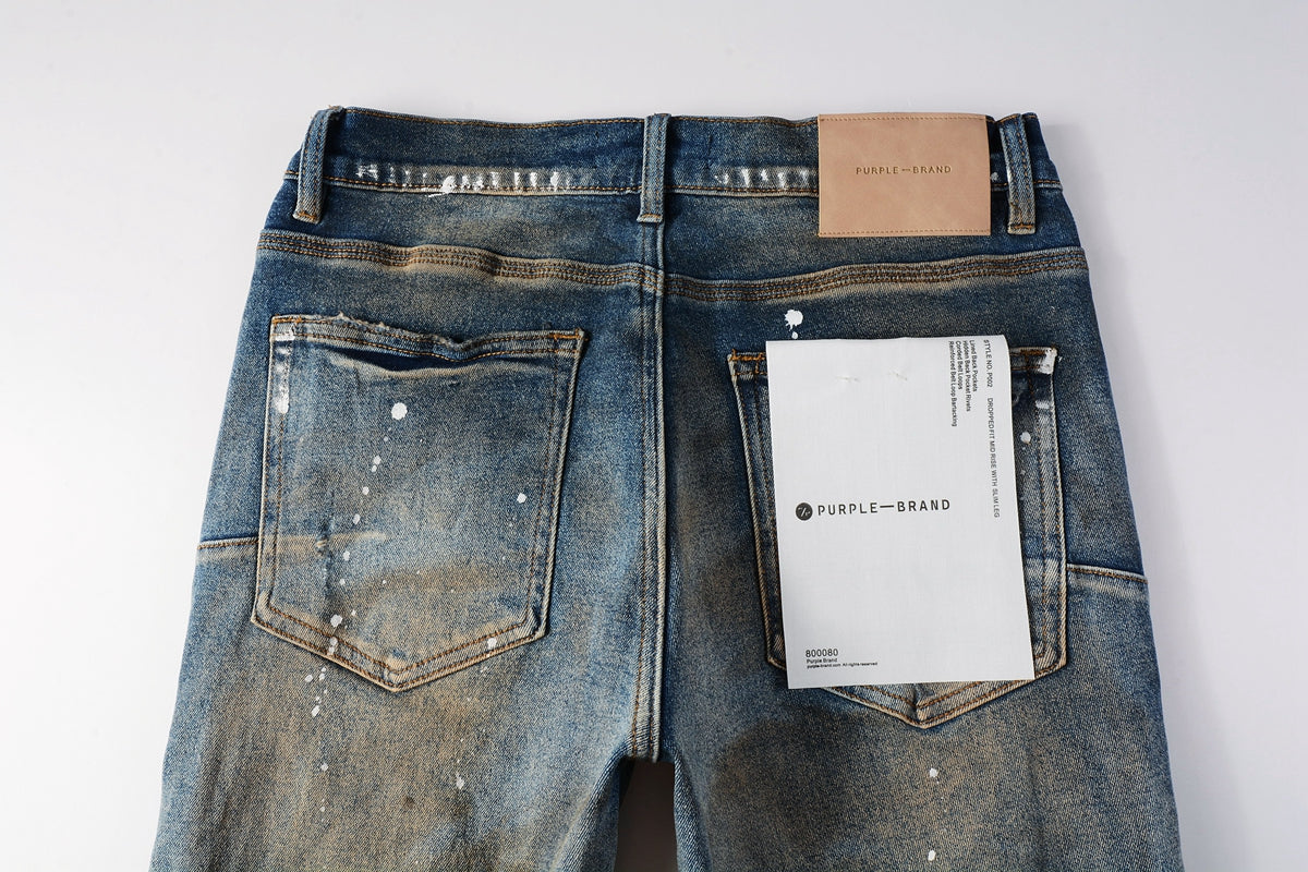 Men Streetwear Skinny Jeans Light Blue Wash with Distressed Rips and White Paint Splatter 9012