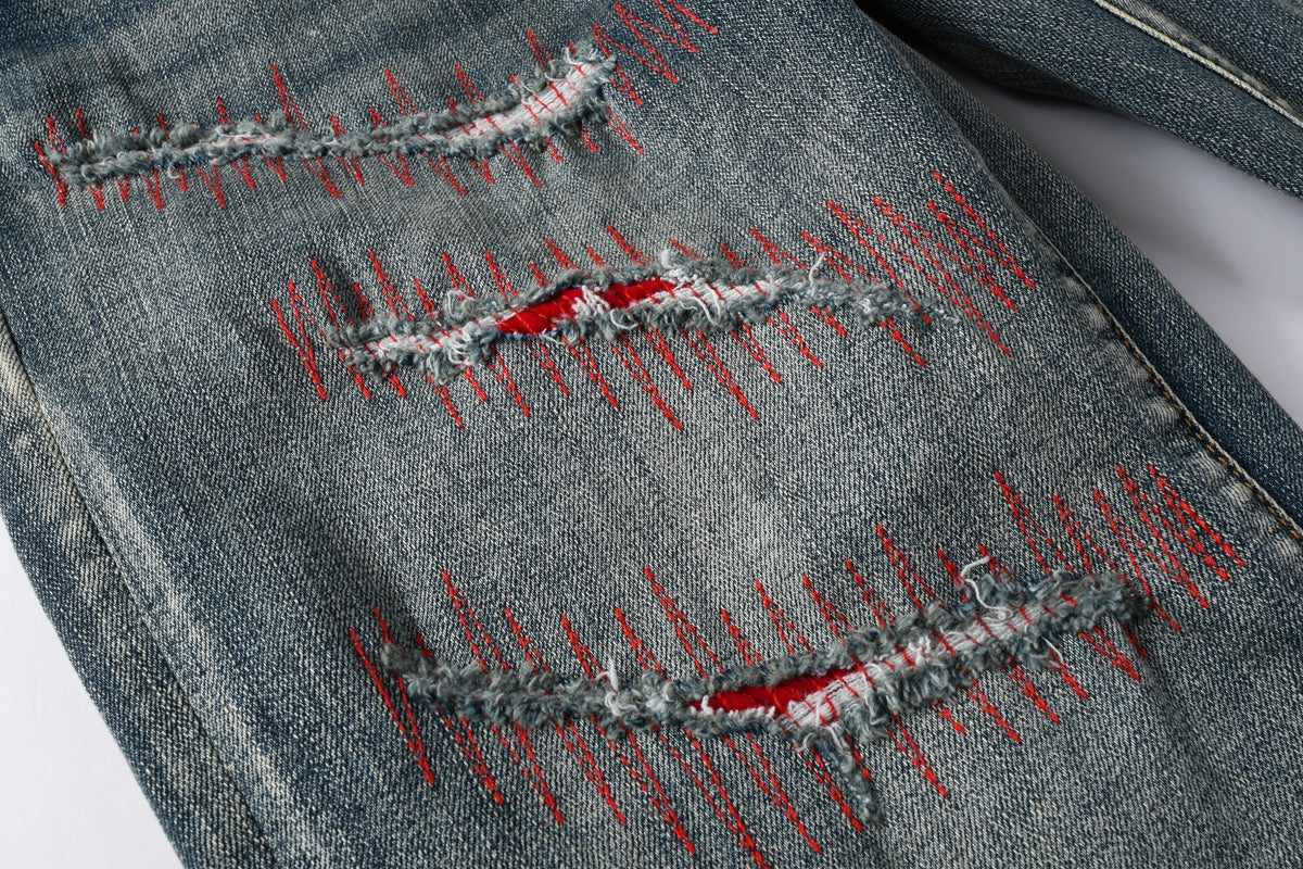Men Streetwear Skinny Jeans Light Blue Wash with Red - Patched Distressed Details 9114