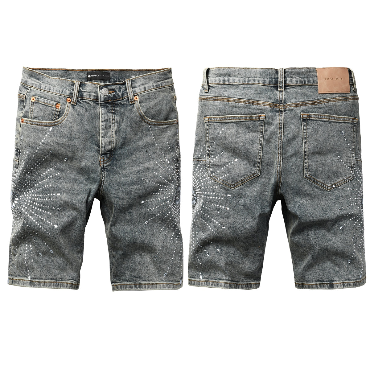 Men Streetwear Light Blue Denim Shorts with Radial White Rhinestone Designs 5093