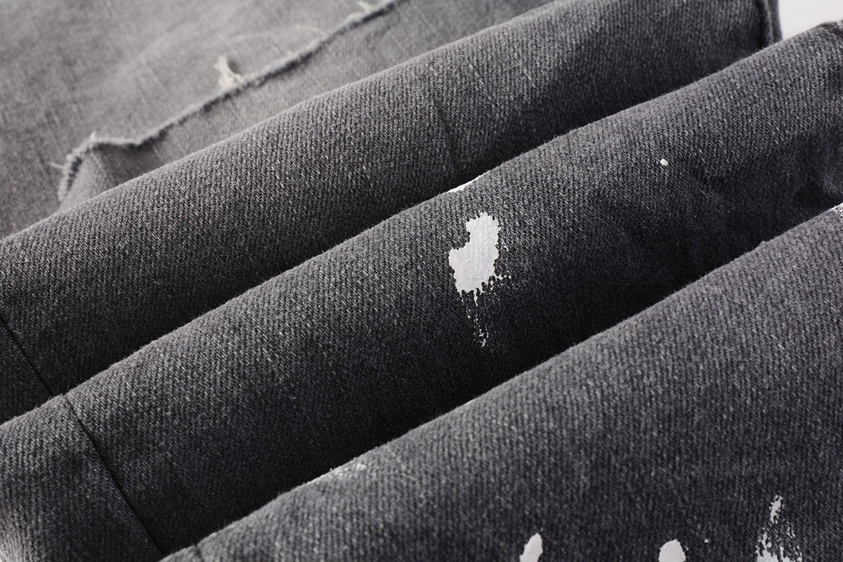 Men Streetwear Skinny Jeans Dark Gray Wash with Knee Rips and White Paint Splatter 9039
