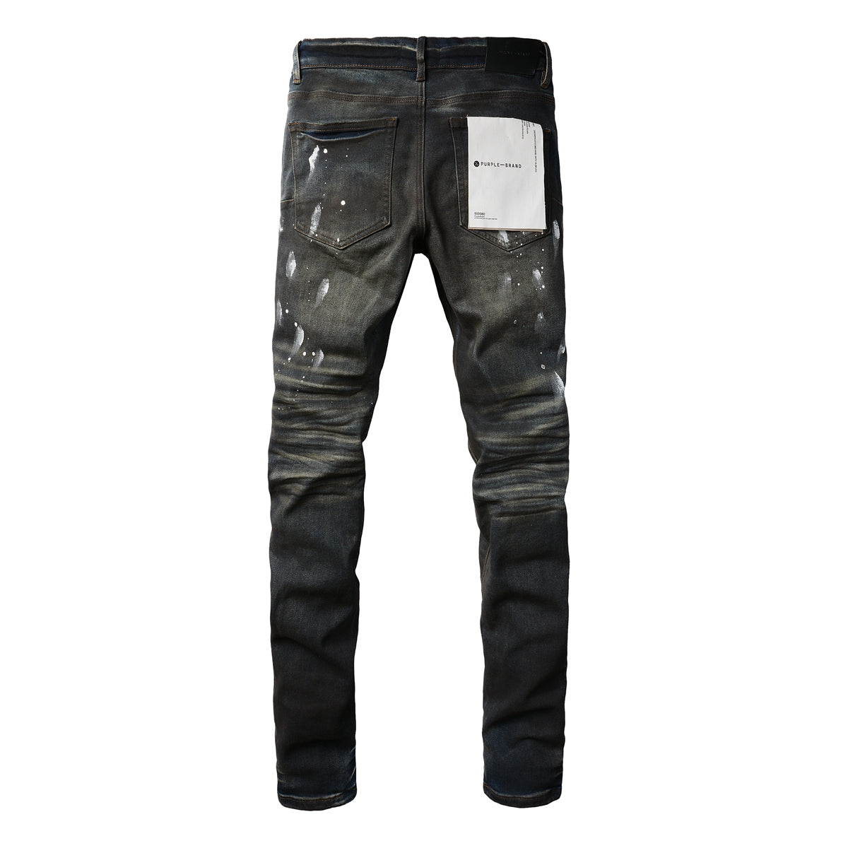 Men Streetwear Skinny Jeans Dark Gray Wash with White Paint Splatter and Brush Strokes 9036