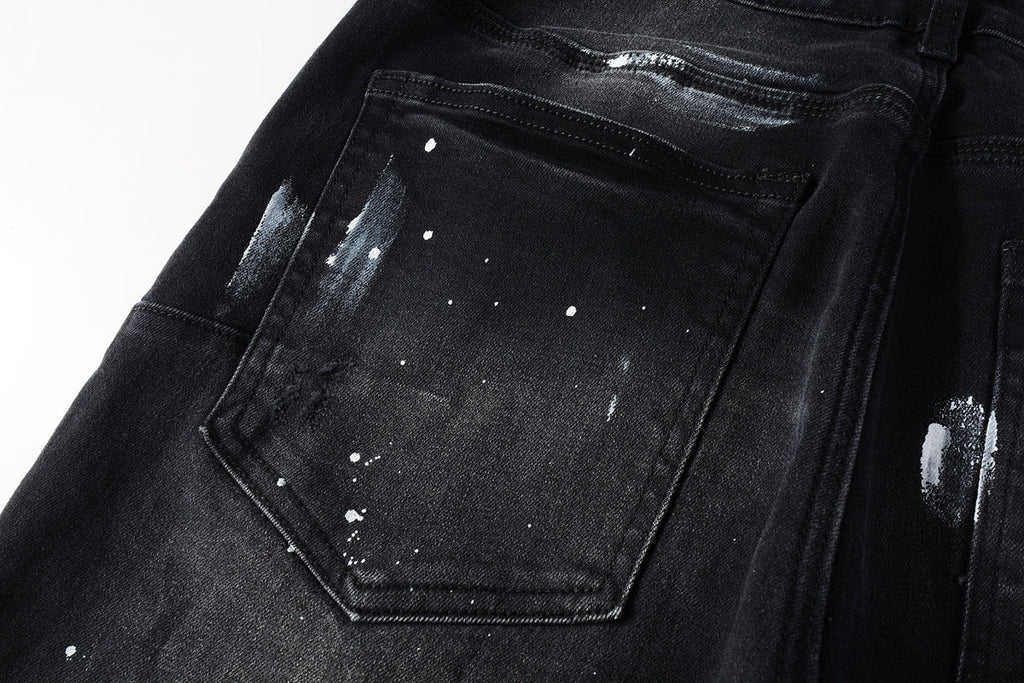 Men Streetwear Skinny Jeans Black Fade Wash with White Paint Splatter and Distressed Rips 9002