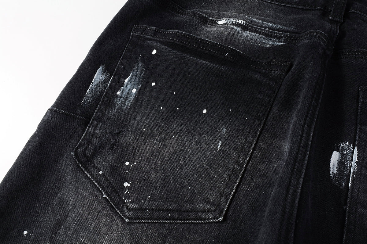 Men Streetwear Skinny Jeans Black Fade Wash with White Paint Splatter and Distressed Rips 9002