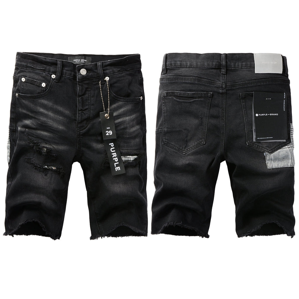 Men Streetwear Denim Shorts Black Wash with Distressed Rips and Plaid Patches 5001
