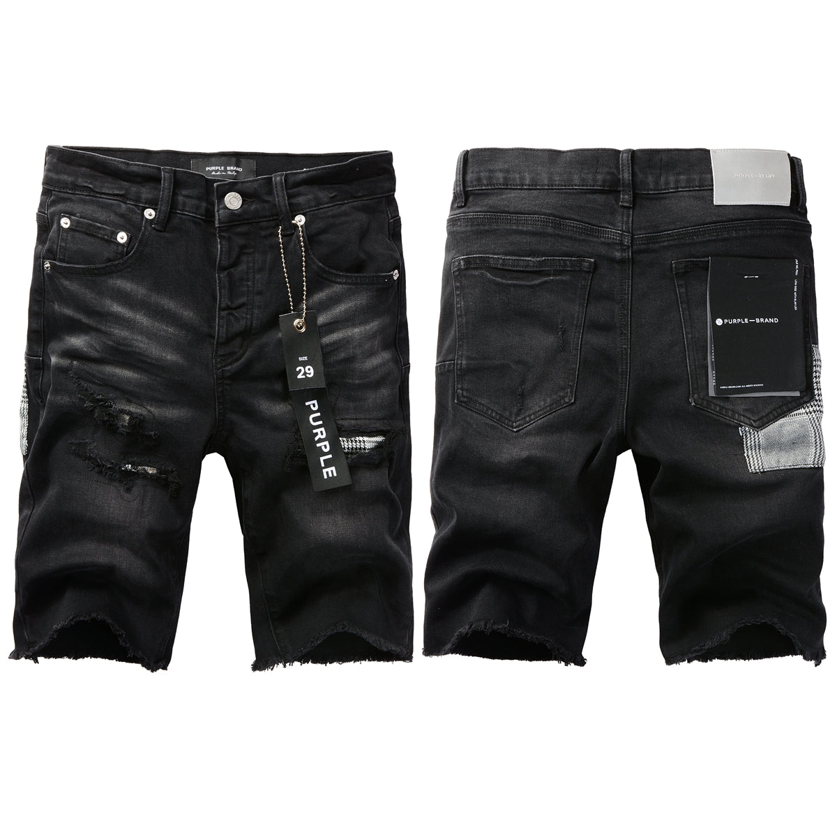Men Streetwear Denim Shorts Black Wash with Distressed Rips and Plaid Patches 5001