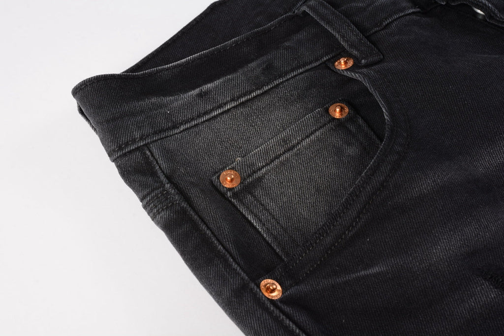 Men Streetwear Skinny Jeans Black Wash with Knee Ripped Details 9029