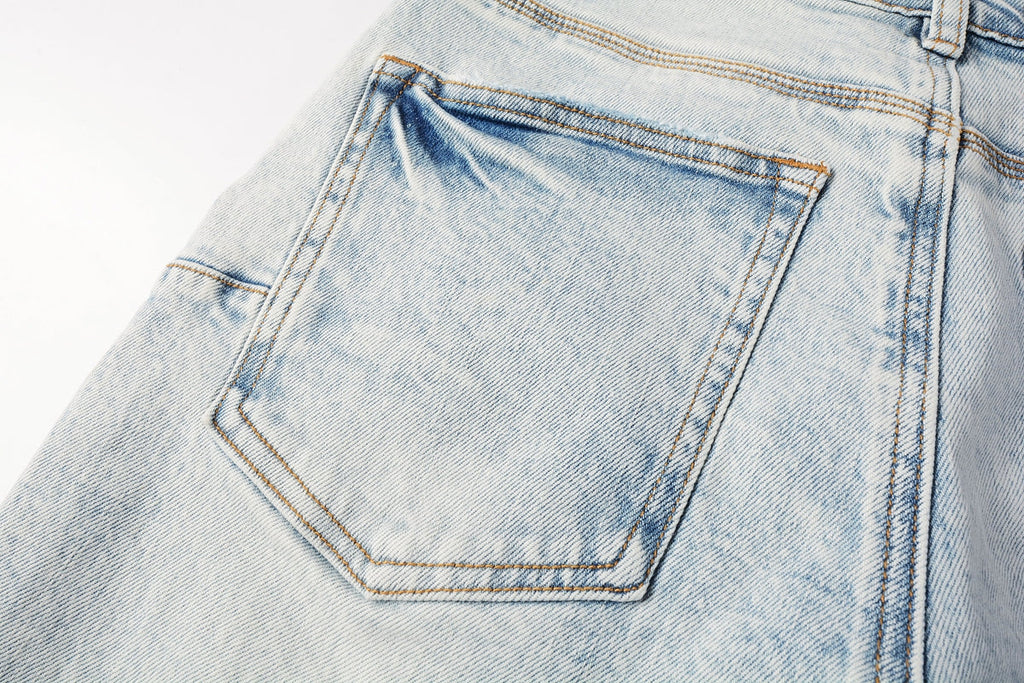 Men Streetwear Denim Shorts Light Blue Wash with Leopard Print Patched Rips 5087
