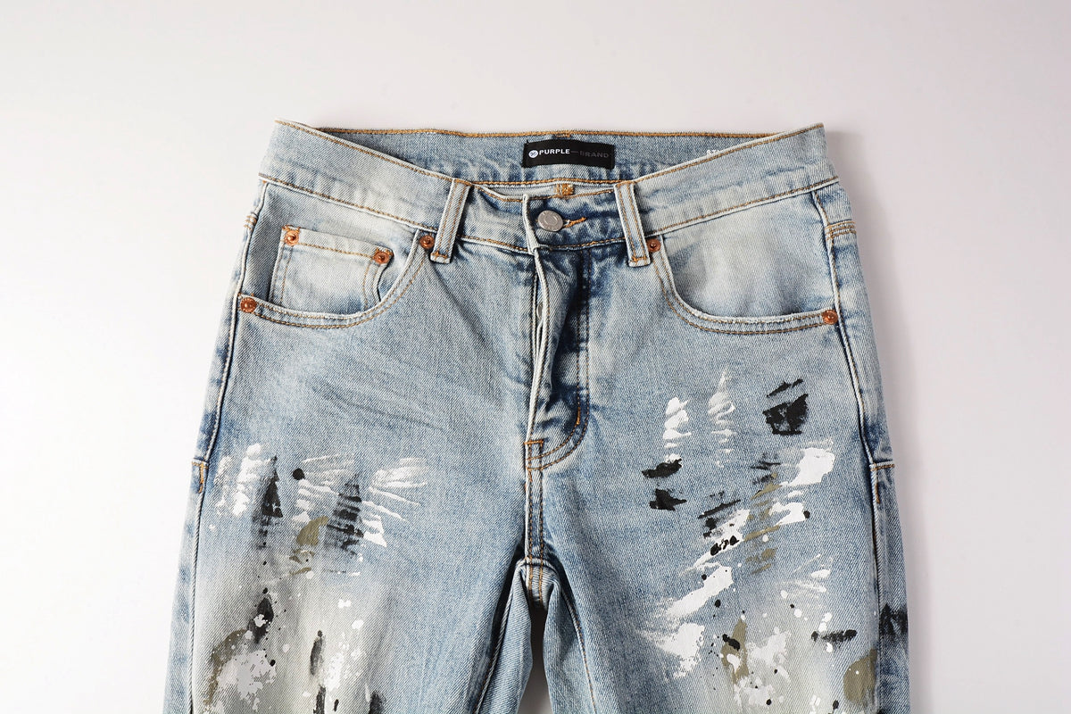 Men Streetwear Jeans Light Blue Paint Splash Distressed Ripped skinny 9100