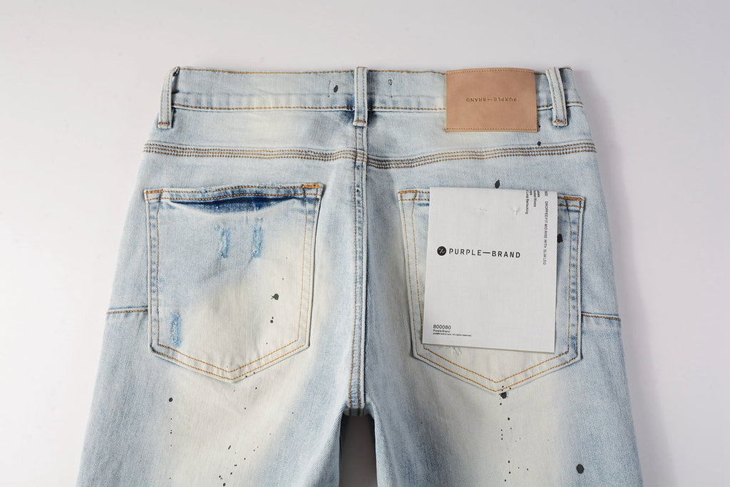 Men Streetwear Skinny Jeans Light Blue Wash with White Paint Splatter and Subtle Distress 9006