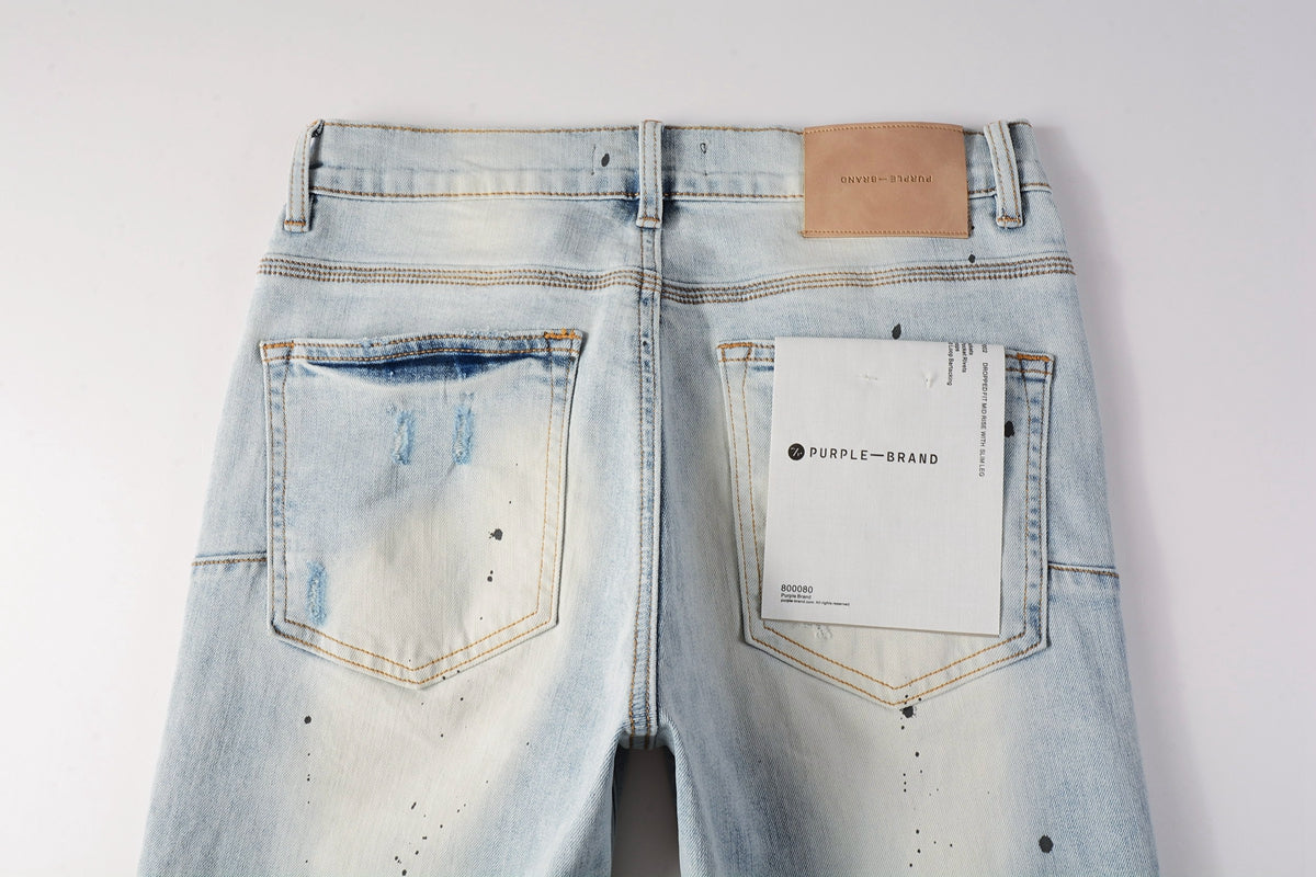 Men Streetwear Skinny Jeans Light Blue Wash with White Paint Splatter and Subtle Distress 9006