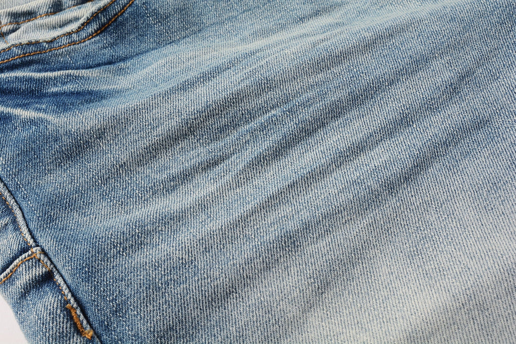 Men Streetwear Denim Shorts Light Blue Wash with Raw Hem and Vintage Finish 5016