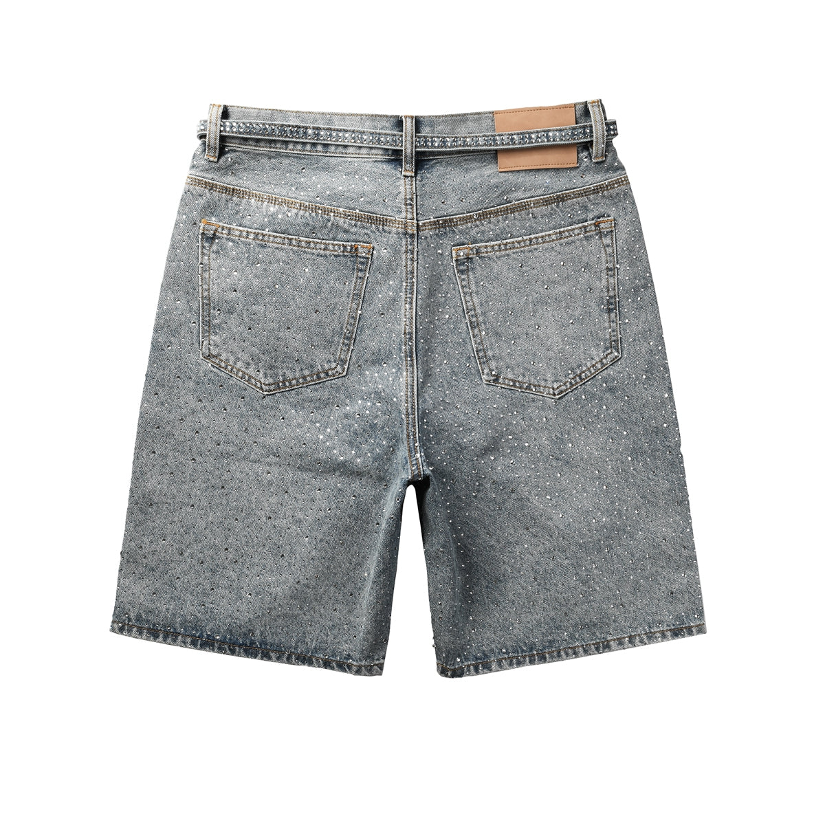Men Streetwear Straight Denim Shorts Grey Wash with Rhinestone Speckles and Seam Accents 5096