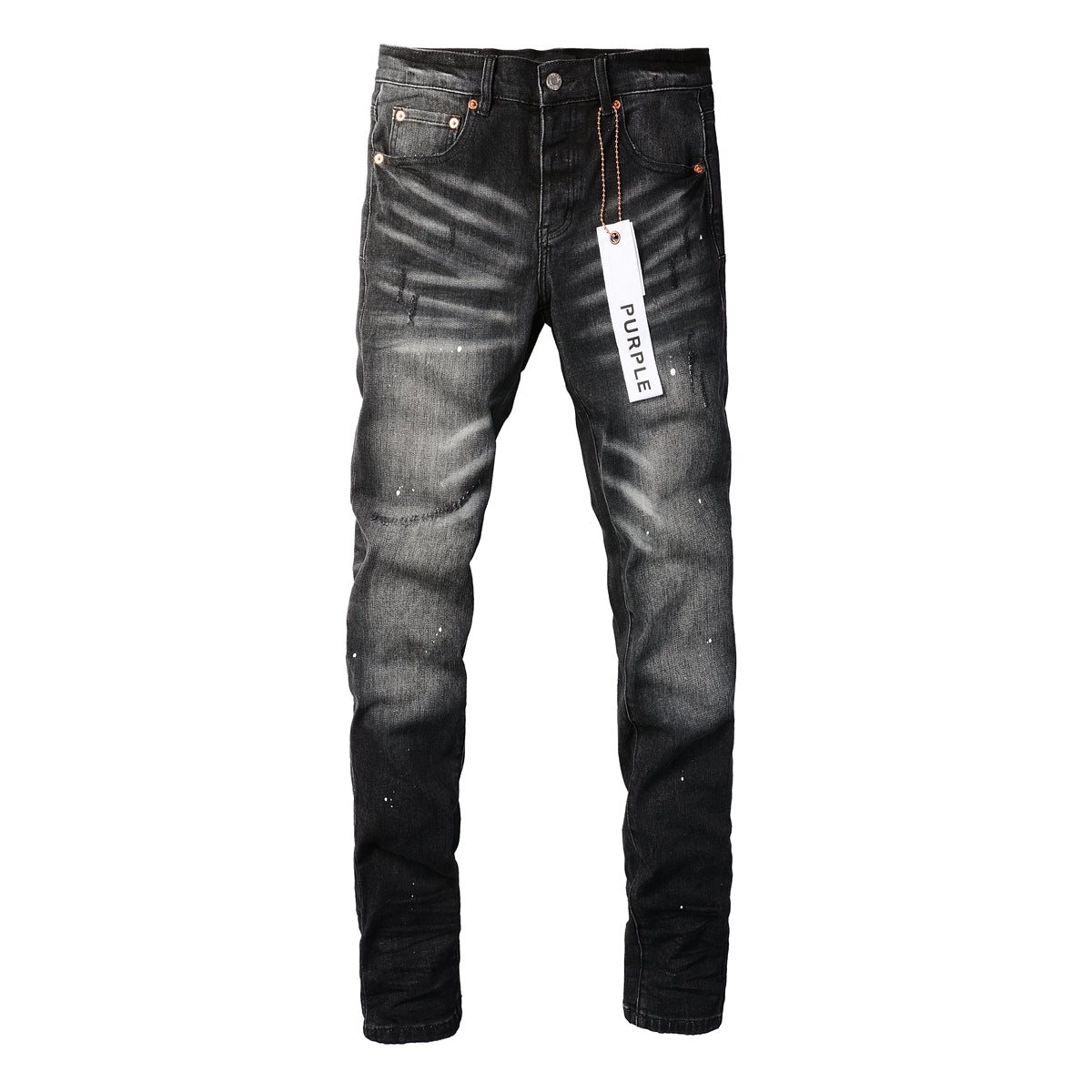 Men Streetwear Skinny Jeans Black - Gray Fade Wash with White Paint Specks 9027