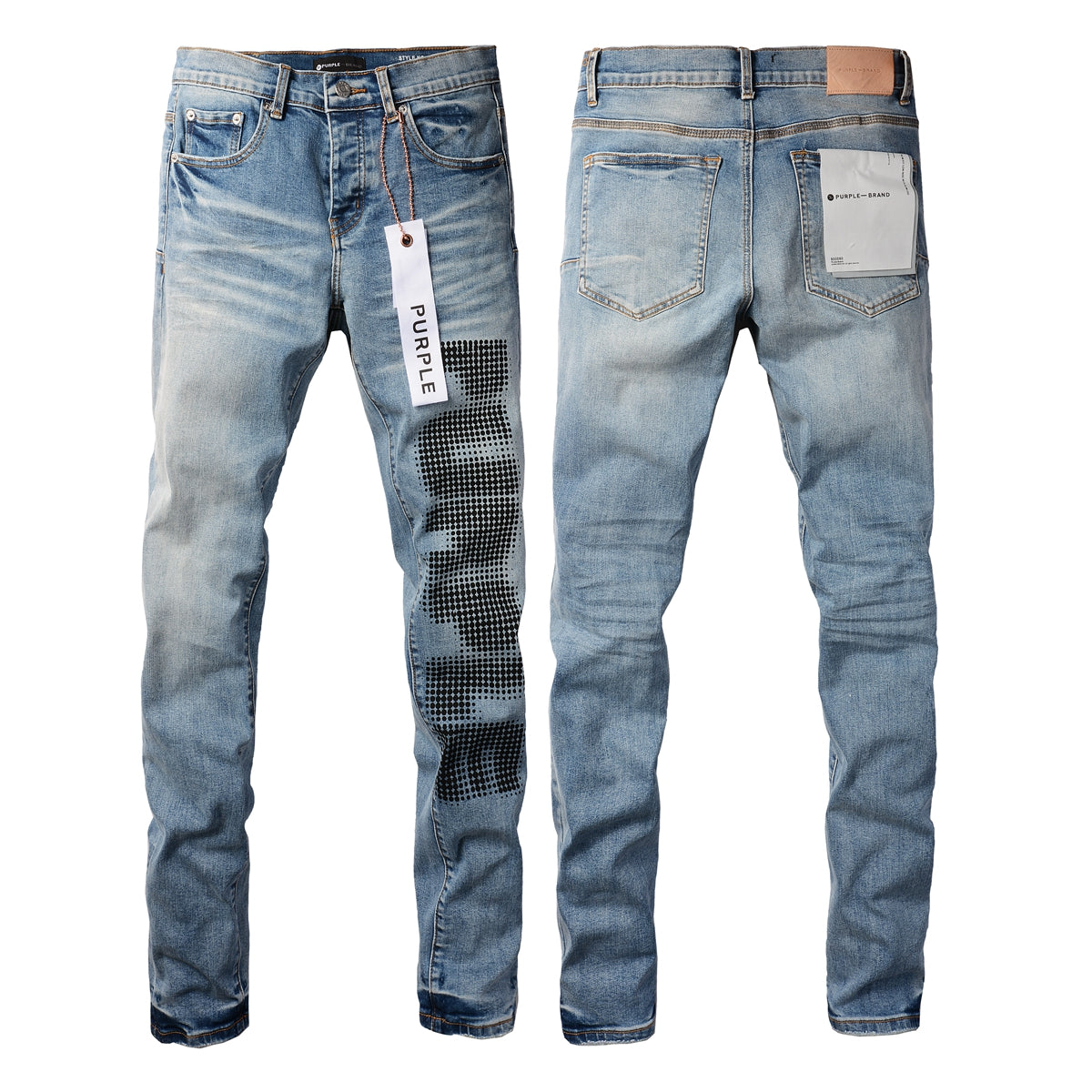 Men Streetwear Skinny Jeans Light Blue Wash with Black Pixelated Pattern Print 9052