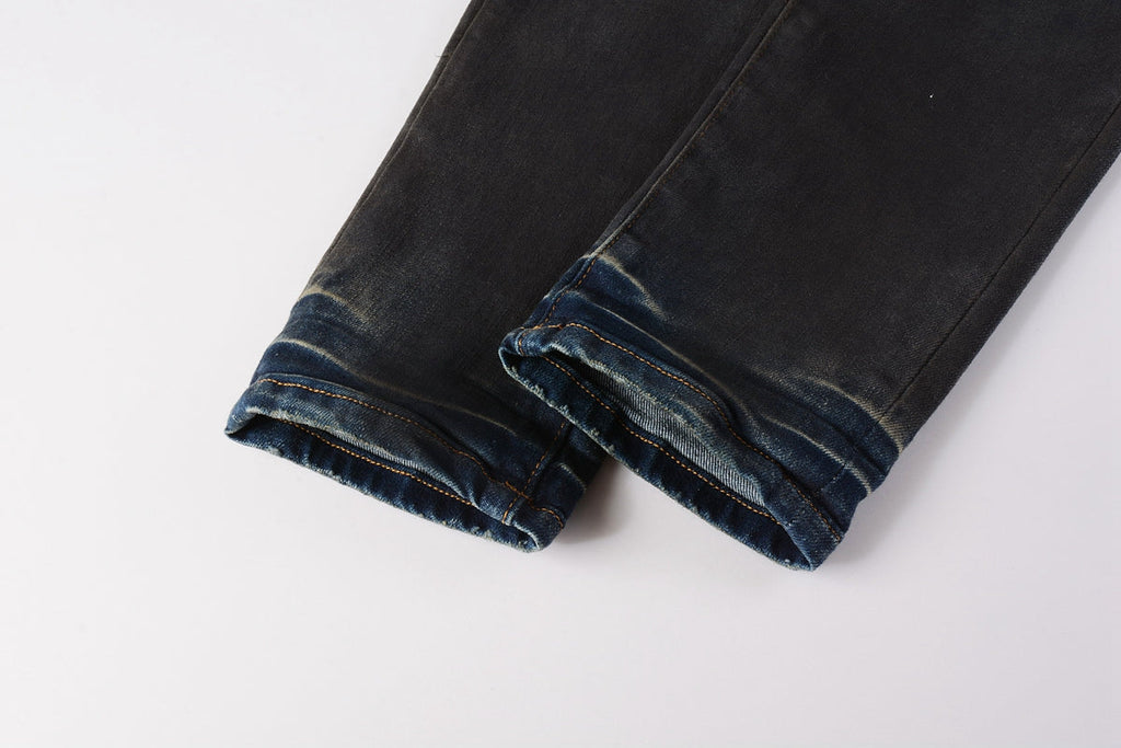 Men Streetwear Skinny Jeans Dark Gray Wash with White Paint Splatter and Brush Strokes 9036