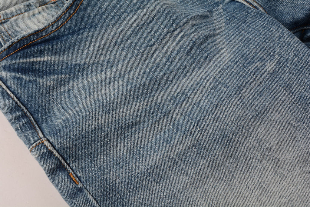 Men Streetwear Skinny Jeans Light Blue Wash with Faded Gradient Finish 9016