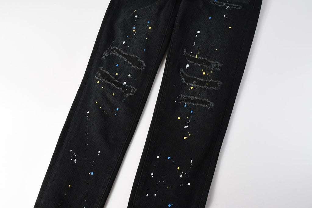 Men Streetwear Skinny Jeans Black Wash with Distressed Details and Multi - Color Paint Splash 9121