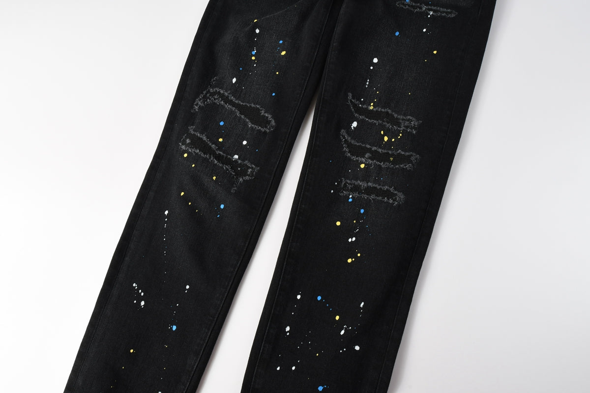 Men Streetwear Skinny Jeans Black Wash with Distressed Details and Multi - Color Paint Splash 9121