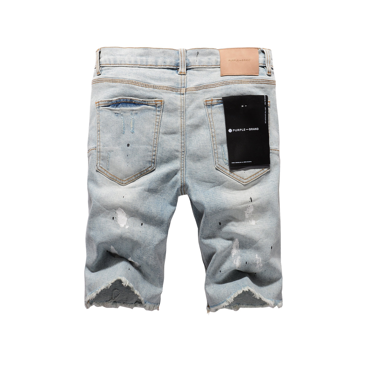 Men Streetwear Denim Shorts Light Blue Wash with White Paint Splatters and Distressed Raw Hem 5006