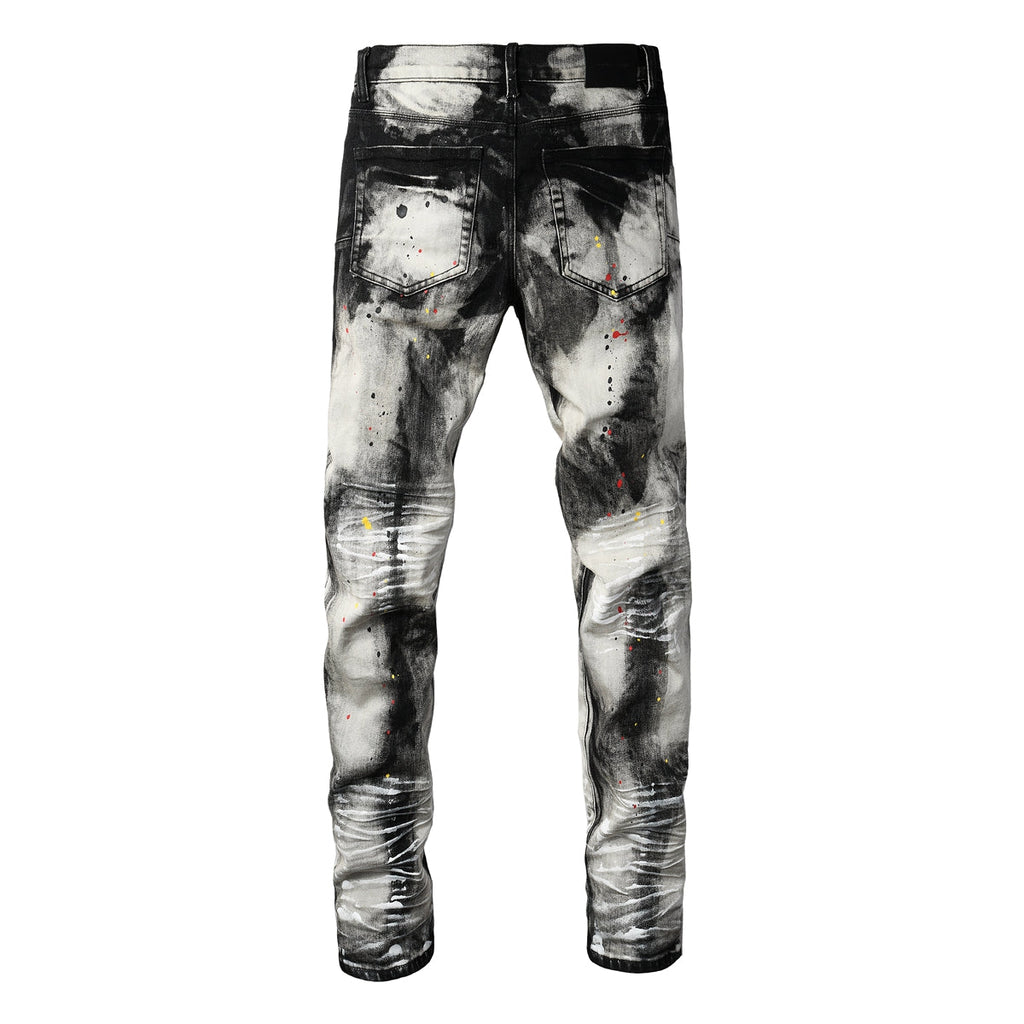 Men Streetwear Skinny Jeans Black and White Graffiti Wash with Multi Color Paint Splash 9111