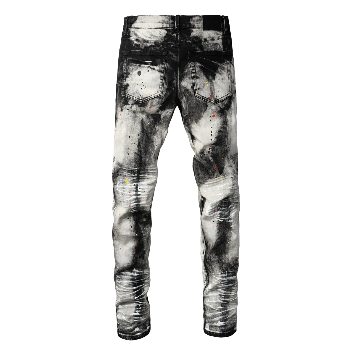 Men Streetwear Skinny Jeans Black and White Graffiti Wash with Multi Color Paint Splash 9111