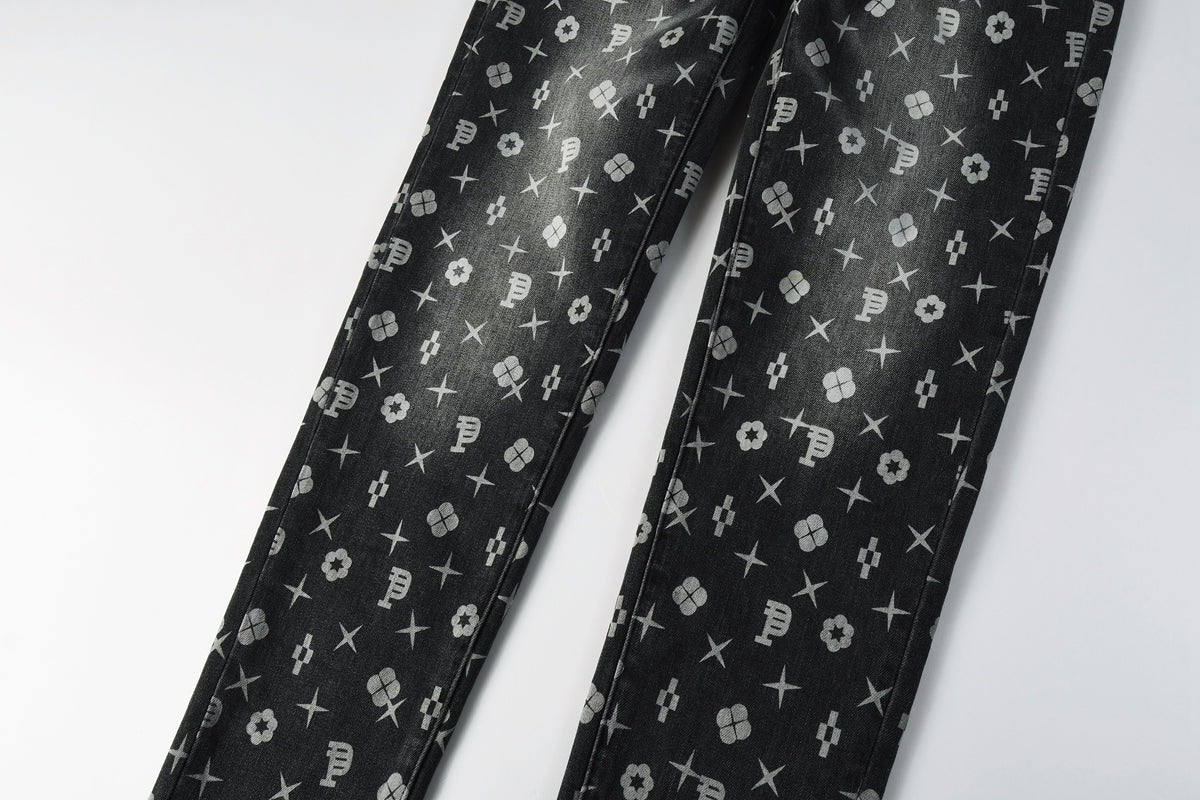 Men Classic Street Skinny Jeans Dark Grey Monogram Print All Over Distressed Style 9112