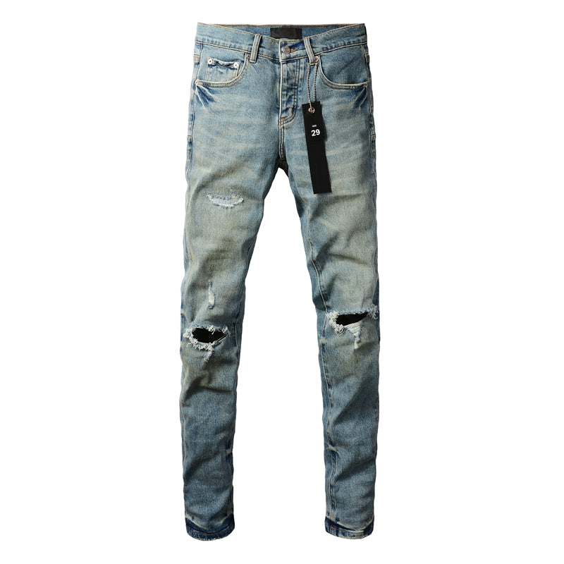 Men Streetwear Skinny Jeans Light Blue Wash with Distressed Ripped Knee Details 9076