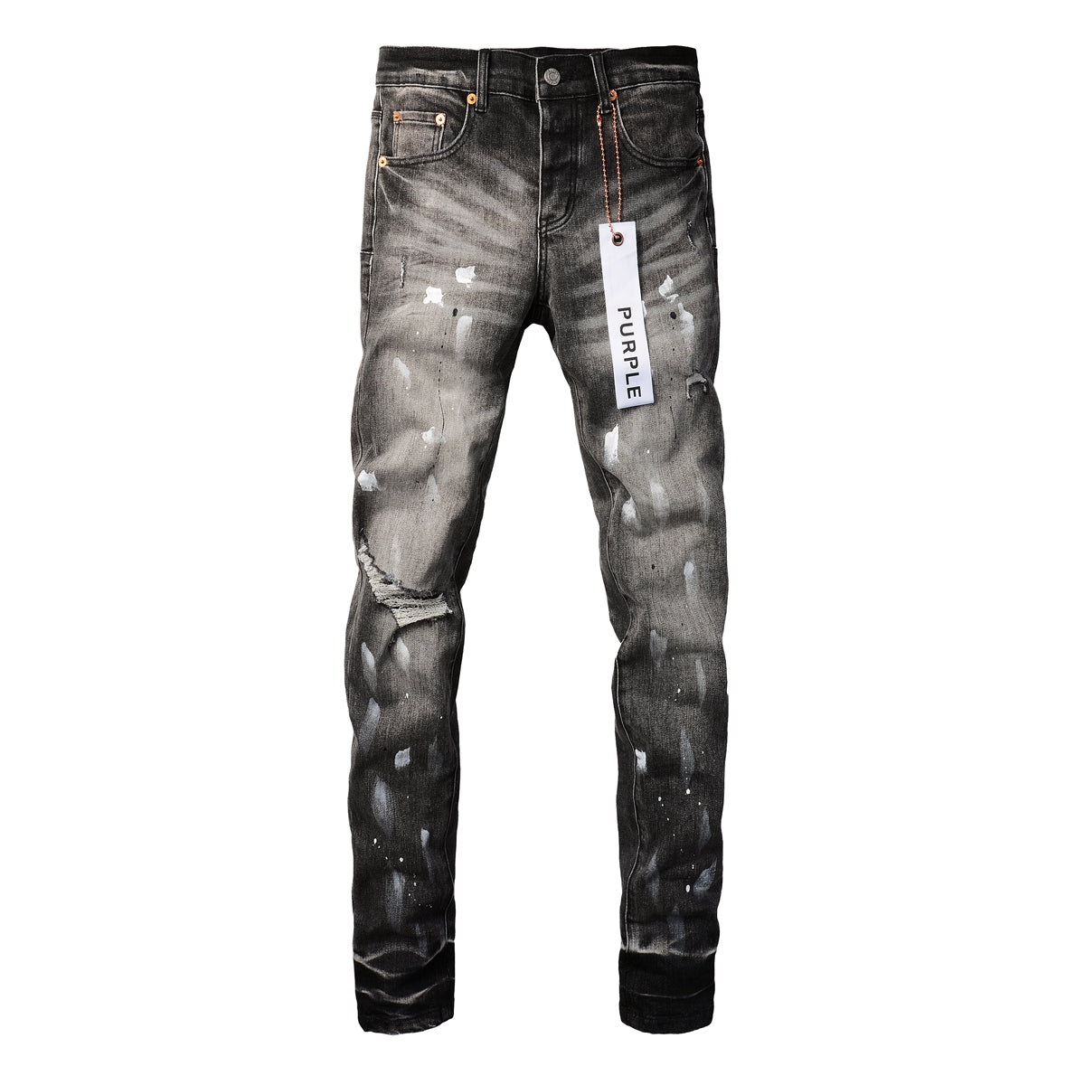 Men Streetwear Skinny Jeans Dark Gray Wash with White Paint Splatter and Distressed Rips 9032