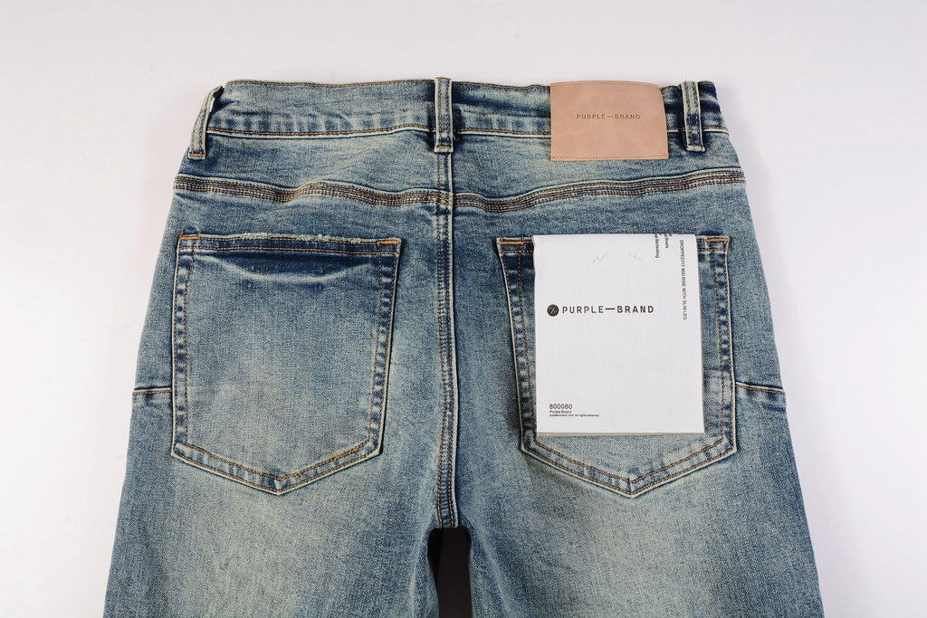Men Streetwear Skinny Jeans Light Blue Wash with Patchwork Distressed Details 9015