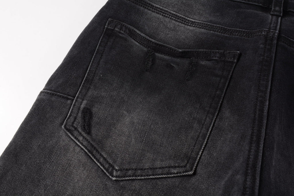 Men Streetwear Skinny Jeans Black Wash with Knee Ripped Details 9029