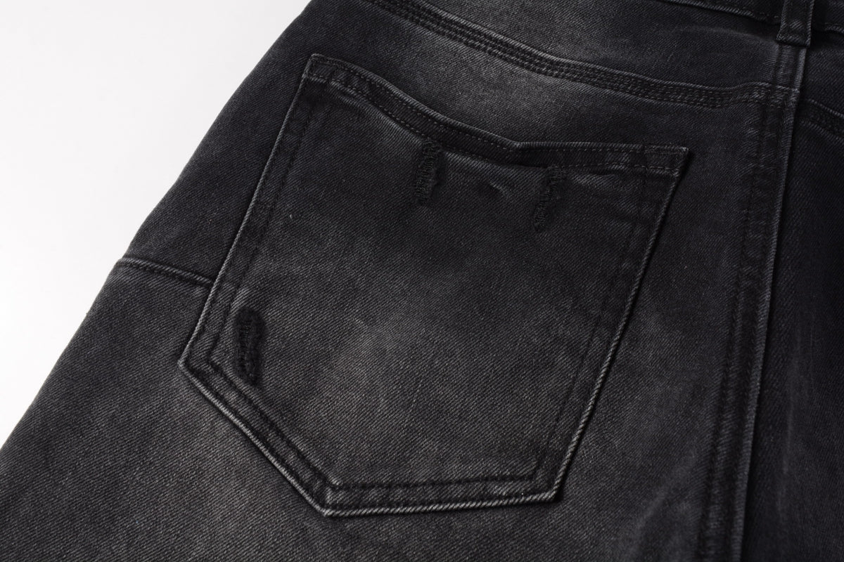 Men Streetwear Skinny Jeans Black Wash with Knee Ripped Details 9029
