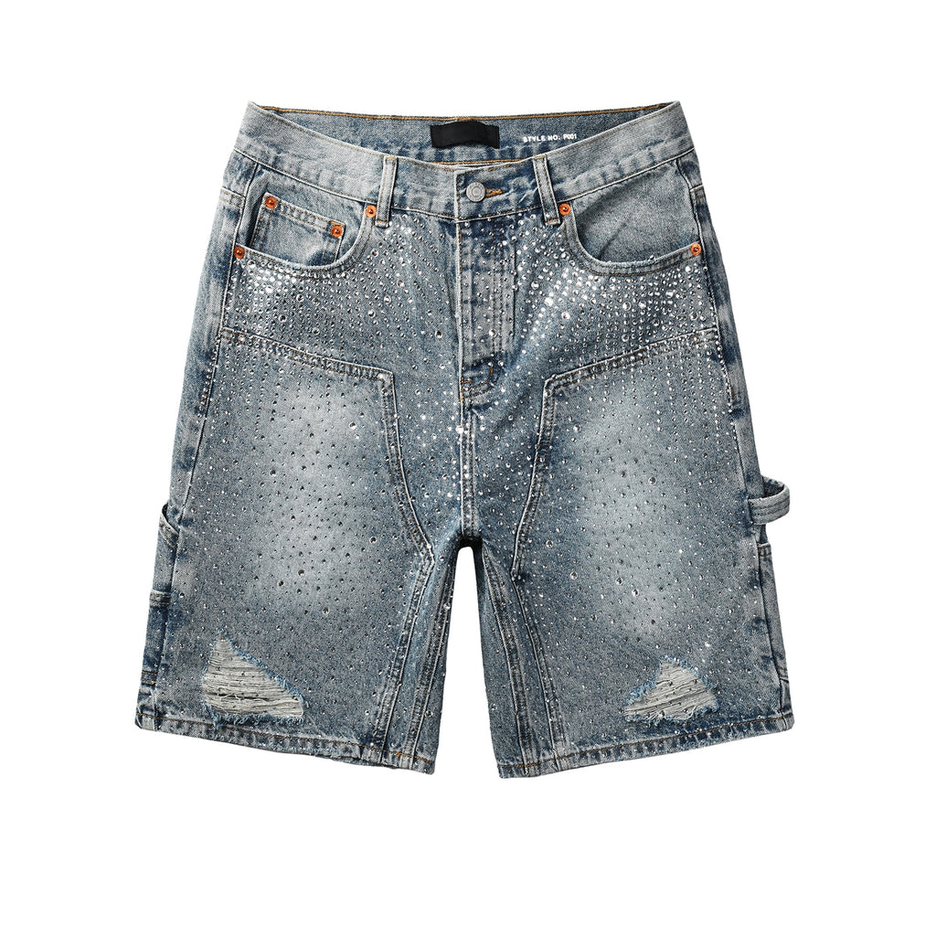 Men Streetwear Cargo Denim Shorts Light Blue Wash with Rhinestone Embellishment and Distressed Details 5097