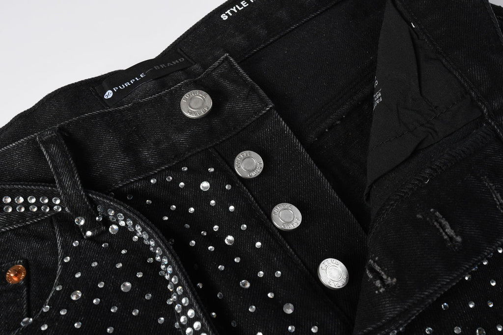 Men Streetwear Black Denim Shorts with Allover Rhinestone Studs and Zipper Details 5095