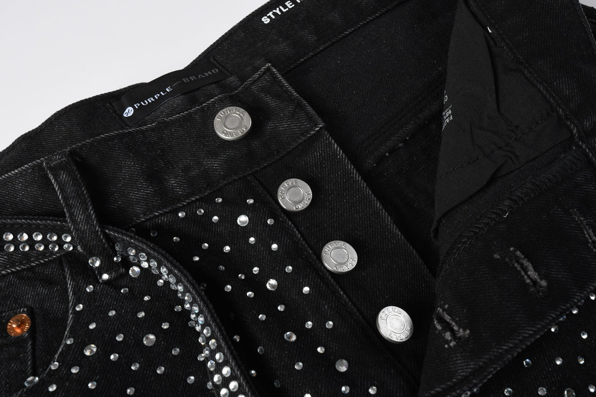 Men Streetwear Black Denim Shorts with Allover Rhinestone Studs and Zipper Details 5095