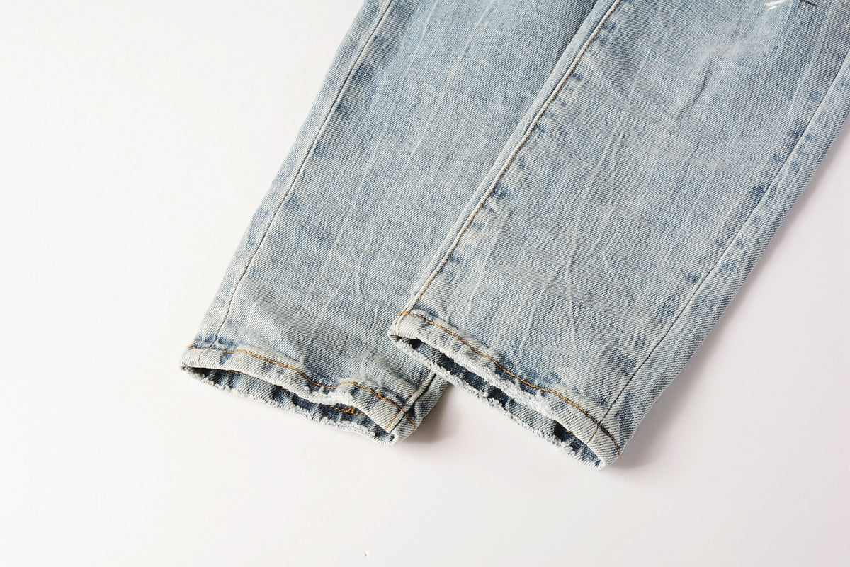 Men Streetwear Jeans Light Blue Paint Splash Distressed Ripped skinny 9100