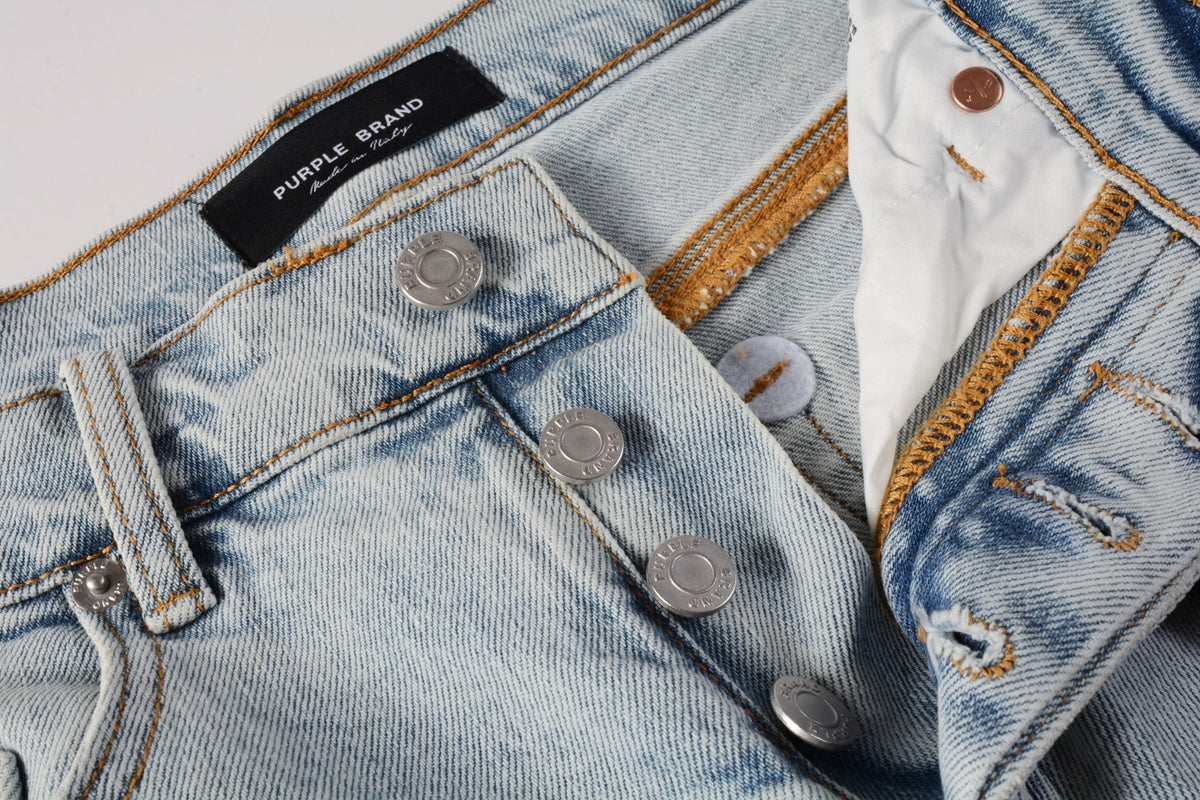 Men Streetwear Denim Shorts Light Blue Wash with Distressed Rips and Raw Hem 5088