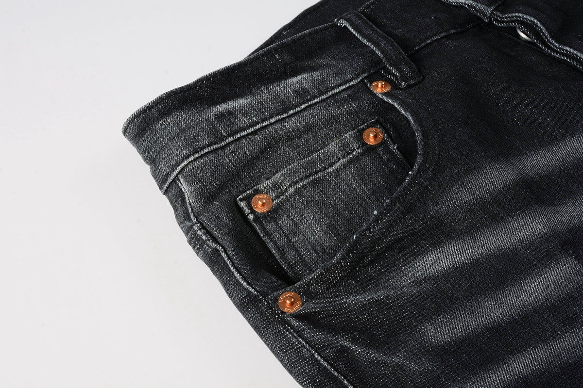 Men Streetwear Skinny Jeans Black - Gray Fade Wash with White Paint Specks 9027