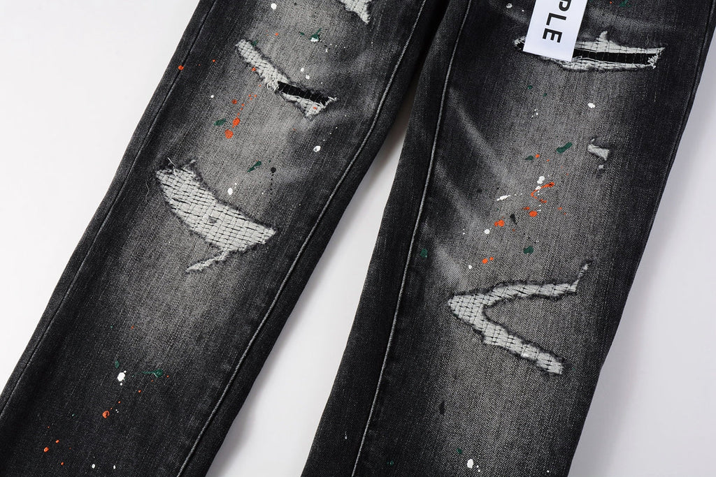 Men Streetwear Skinny Jeans Dark Gray Wash with Distressed Rips and Multi-Color Paint Splatter 9018