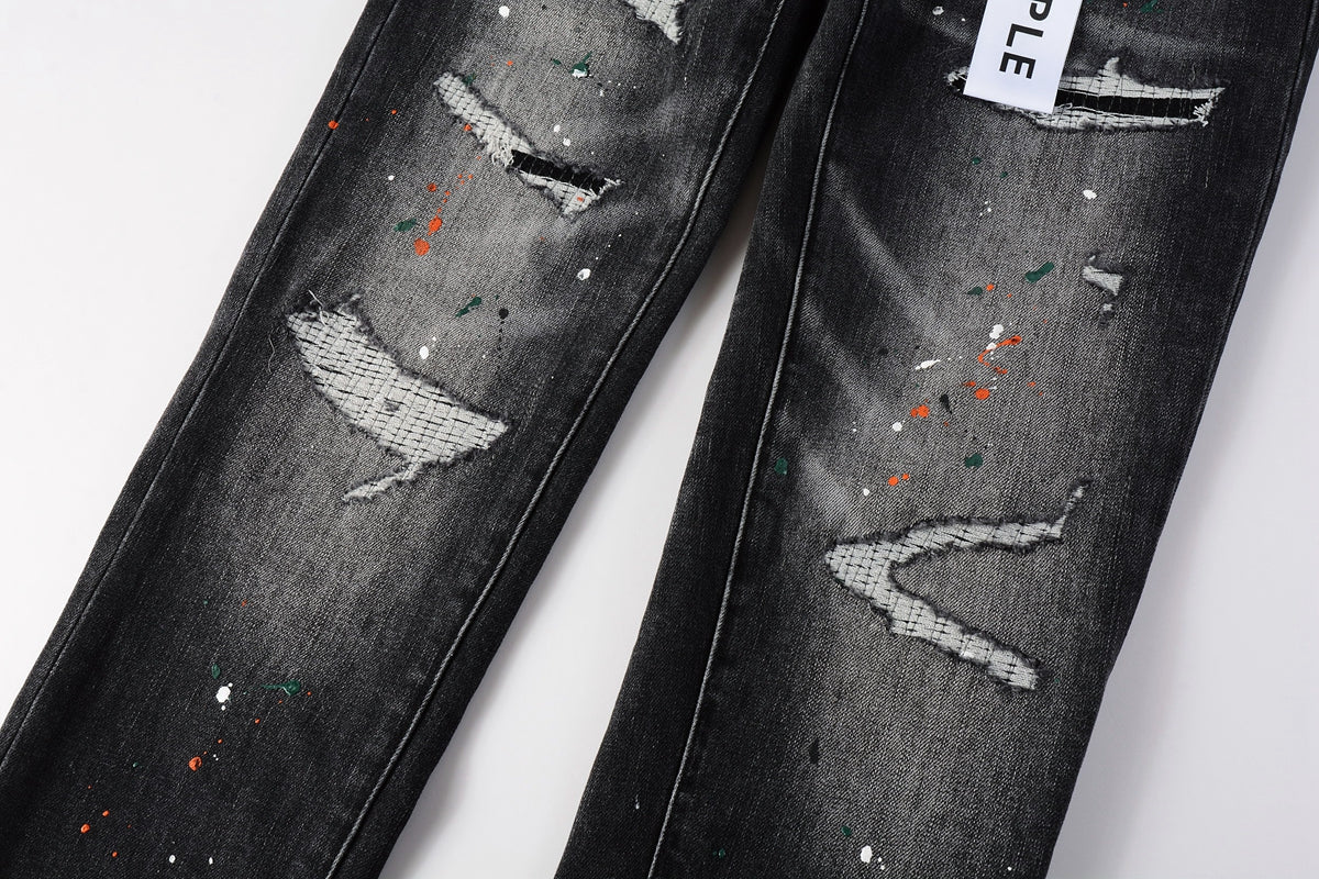 Men Streetwear Skinny Jeans Dark Gray Wash with Distressed Rips and Multi-Color Paint Splatter 9018