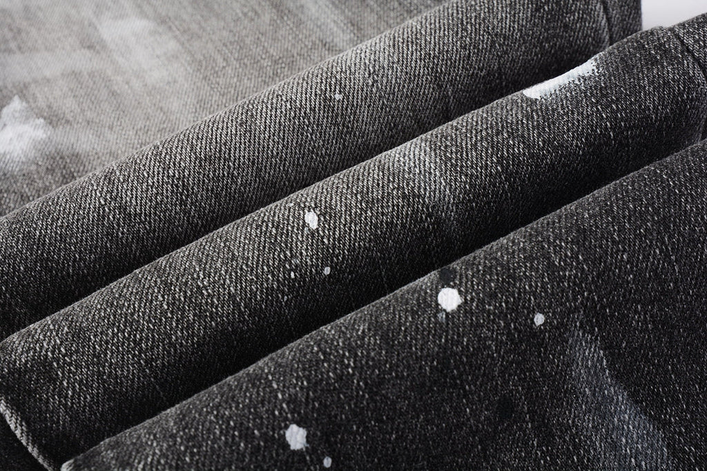 Men Streetwear Skinny Jeans Dark Gray Wash with White Paint Splatter and Distressed Rips 9032
