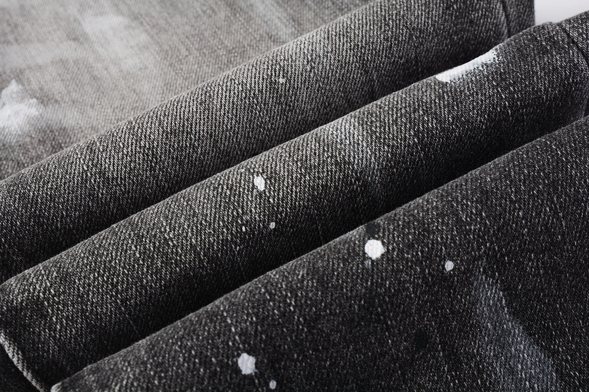 Men Streetwear Skinny Jeans Dark Gray Wash with White Paint Splatter and Distressed Rips 9032
