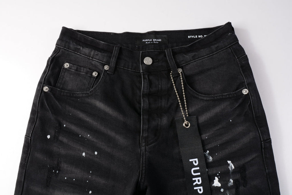 Men Streetwear Denim Shorts Black Wash with White Paint Splashes and Raw Hem 5002
