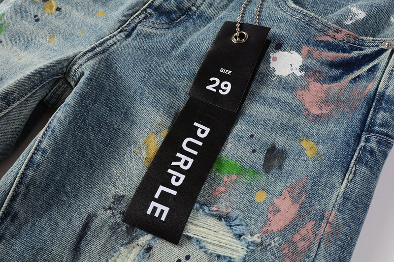 Men Streetwear Skinny Jeans Light Blue Wash with Multi-Color Paint Splatter and Distressed Rips 9072