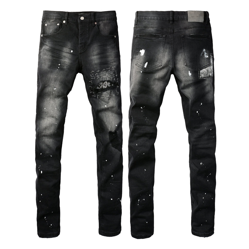 Men Streetwear Jeans Distressed Black Paint Splash Patch Ripped skinny 9099