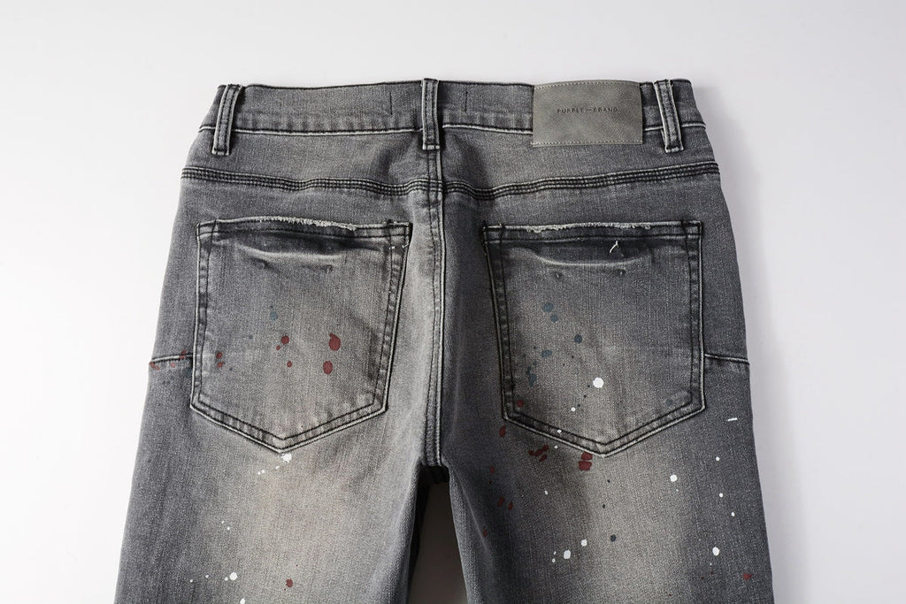 Men Streetwear Distressed Grey Skinny Jeanswith Color Paint Splatter and Knee Rips 9107