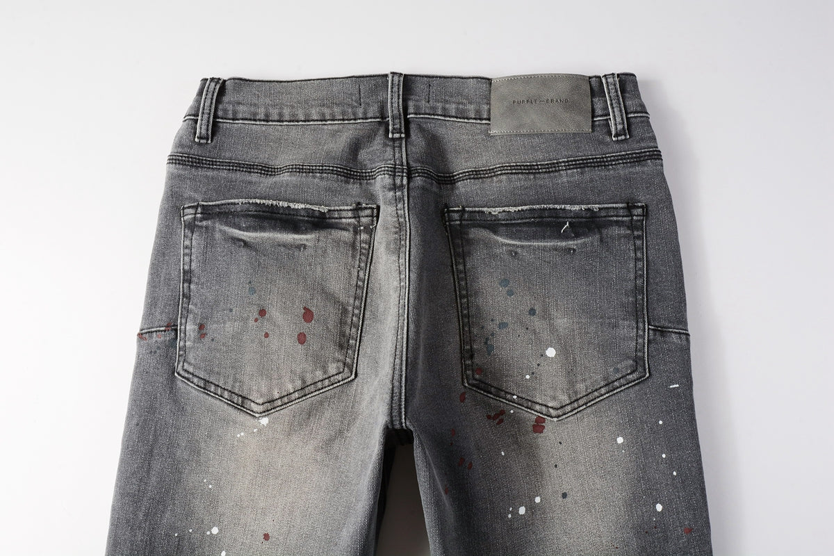 Men Streetwear Distressed Grey Skinny Jeanswith Color Paint Splatter and Knee Rips 9107