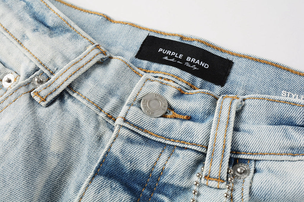 Men Streetwear Denim Shorts Light Blue Wash with Washed Distressed Raw Hem 5017